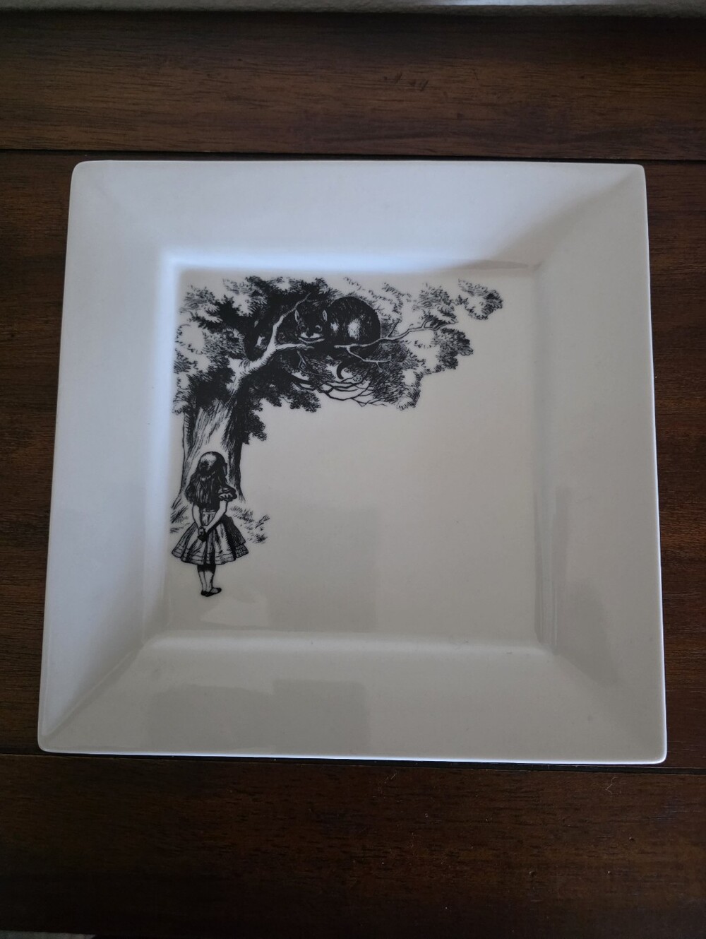 Fishs Eddy Alice in Wonderland 9" Ivory Square Plate Tray Cheshire Cat in Tree